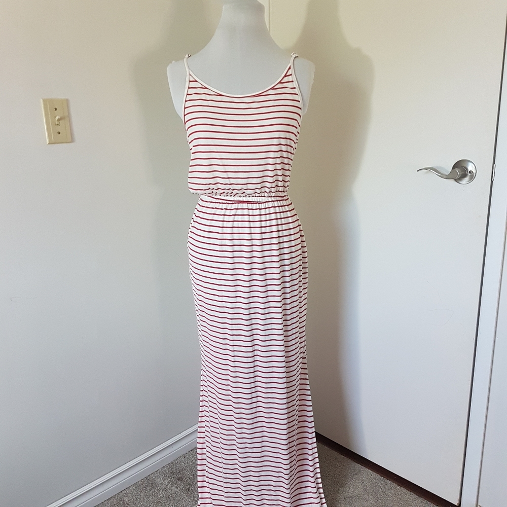 Striped White Red Maxi Dress XL Side Slit